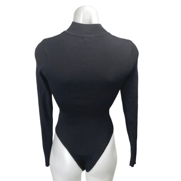 Princess Polly Black Long Sleeve Cutout Ribbed Knit Mock Neck Bodysuit Top S/M - Picture 2 of 4
